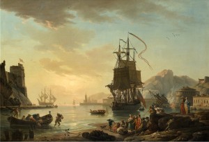 View of a Mediterranean Harbor with Fishermen and a Vessel